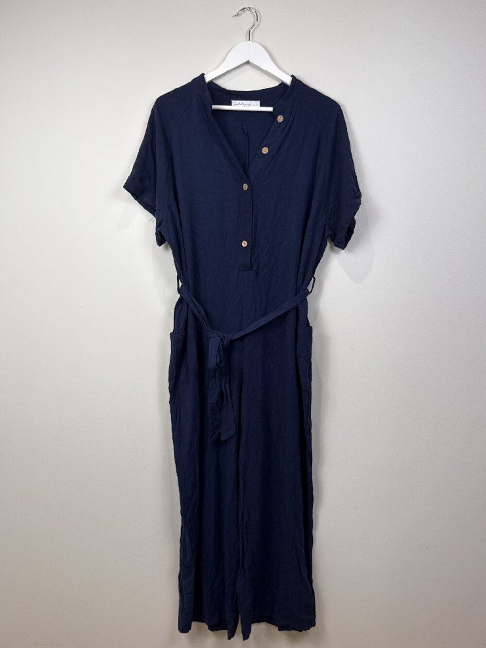 Petal + Pup Womens Blue 100% Linen Wide Leg Jumpsuit Belted Plus US 16 AU 20